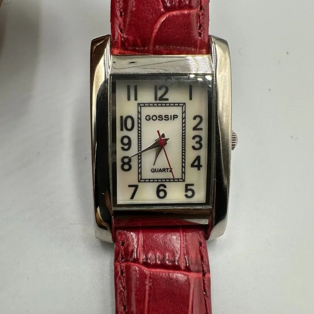 Gossip Tank Watch Women Silver Tone Red Second Hand Leather Band Works 9